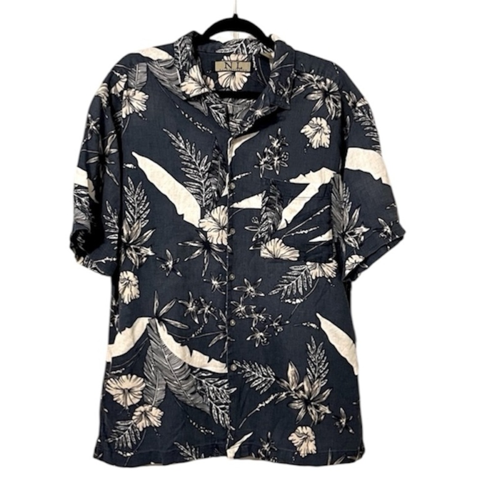 N L Naturalife Men’s Linen Blend Blue & Cream Short Sleeve Hawaiian Shirt Sz XL